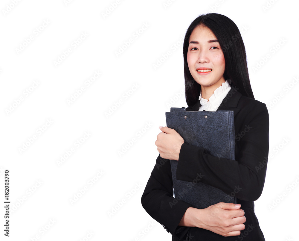 smiling business woman in suit holding a clipboard isolated on white background smiling business woman in suit holding a clipboard isolated on white background