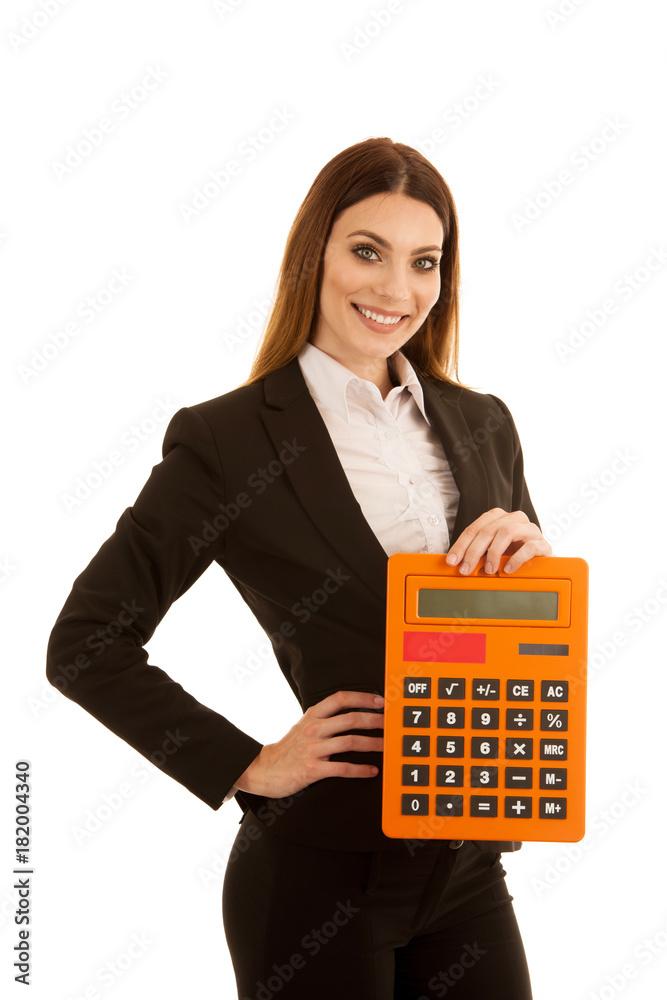 Beautiful business woman holds a large calculator isolated over white - accountant Beautiful business woman holds a large calculator isolated over white - accountant