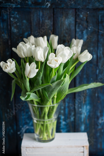A bouquet of white tulips in a glass vase on a wooden blue background. Spring! Freshness! Beautiful bouquet of flowers.