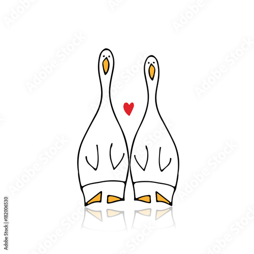 Funny goose couple, sketch for your design