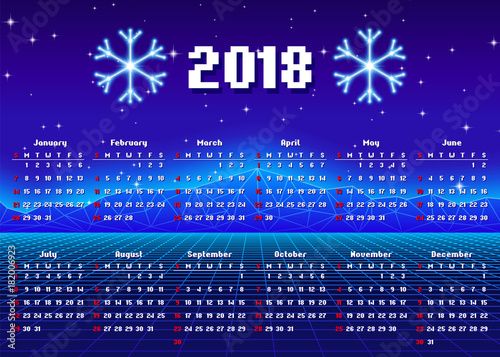 Calendar 2018 horizontal A4 format starts on Sunday
