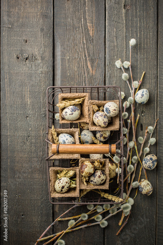 Spring Easter basket with eggs of different sizes, spring flowers, cereals, willow branches. on a wooden dark background decorated with wheat and flowers. Place for text. Flat lay, top view