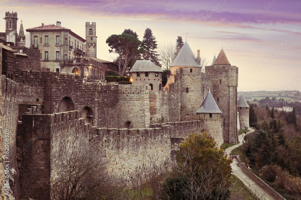  Medieval  fortness walls in evening time.  Carcassonne