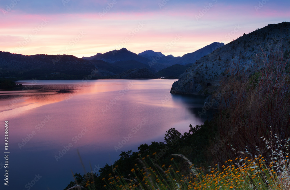mountains lake in summer dawn