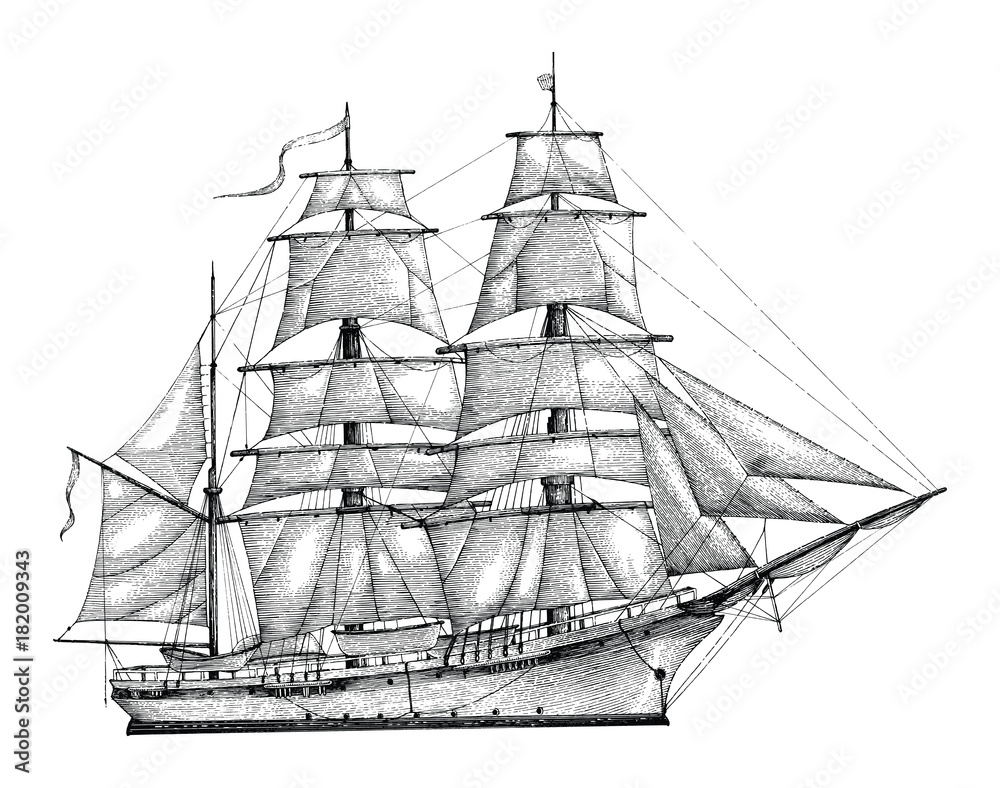 Fototapeta premium Barque hand drawing engraving style,Vintage barque isolate
