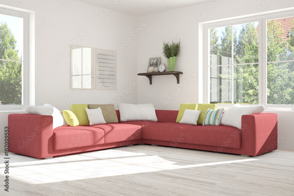 Fototapeta premium Idea of white room with sofa and summer landscape in window. Scandinavian interior design. 3D illustration