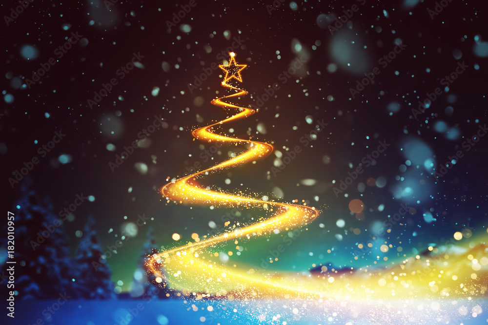 Abstract glittering gold flow on christmas tree shape follow one direction with bokeh and fade effect . Abstract glittering gold flow on christmas tree shape follow one direction with bokeh and fade effect .