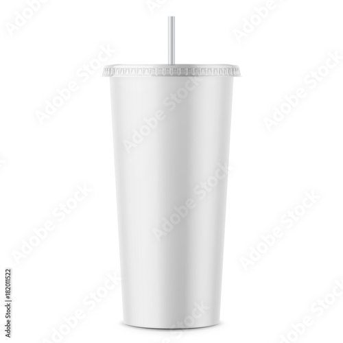 White disposable paper cup with lid and straw.