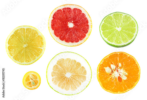 Set of slices of different citrus fruits isolated on white background