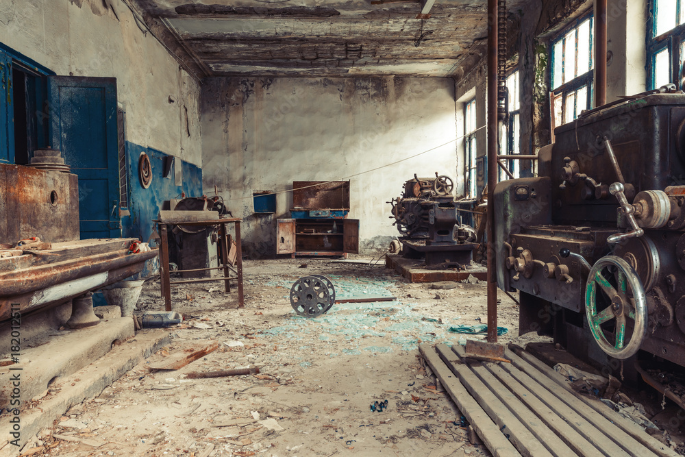 Old abandoned factory rooms, lathes