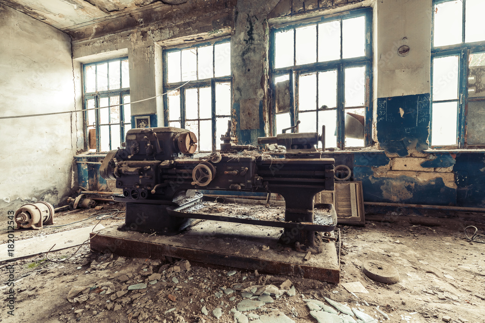 Old abandoned factory rooms, lathes