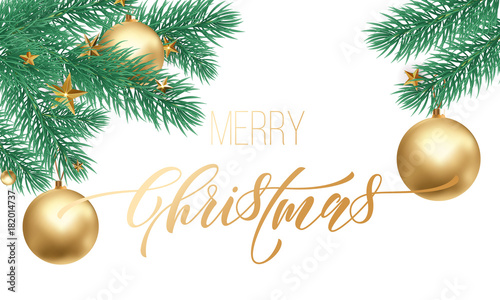 Merry Christmas holiday hand drawn quote golden calligraphy greeting card background template. Vector Christmas tree golden ball and star ornament decoration on white snow design