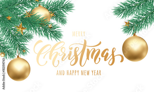 Merry Christmas and Happy New Year golden hand drawn calligraphy and star decoration ornament for holiday golden greeting card. Vector Christmas golden ball decoration white snow background template