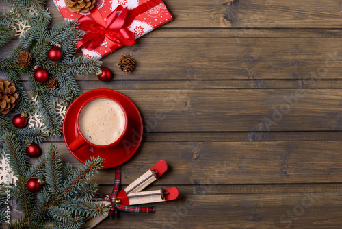 Christmas or New Year card. Coffee and red gift box