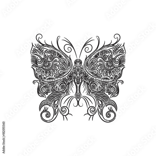 Butterfly. Drawing manually with a stylus. Black and white image of a butterfly on a white background. Coloring.