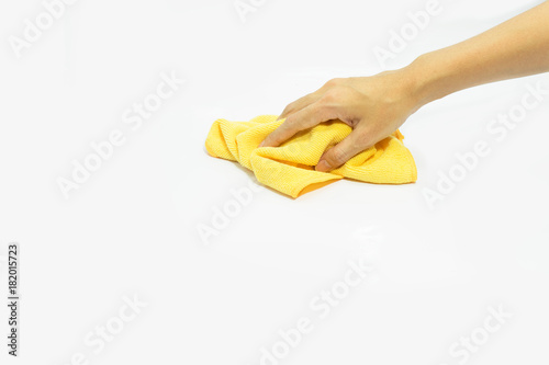hand Using yellow rags wipe on isolated.
