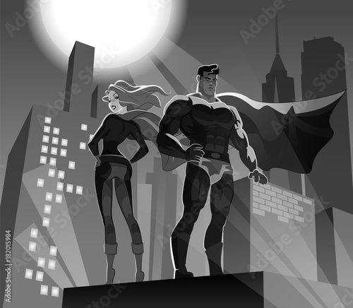 Superhero Couple: Male and female superheroes on a skyscraper roof with night city background