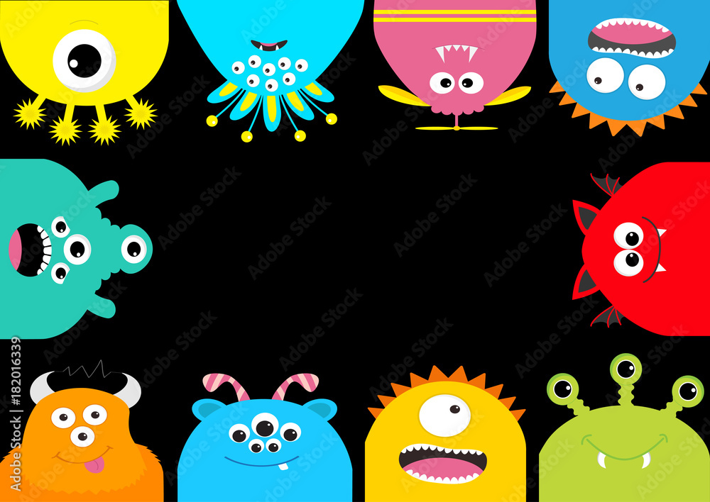 Monster frame. Cute cartoon scary character set. Different emotion. Baby collection. Black background Isolated. Happy Halloween card. Flat design.