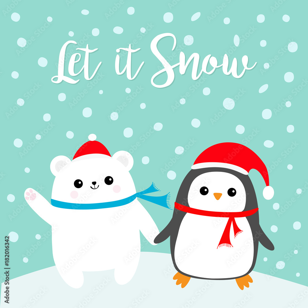 Let it snow. Kawaii Penguin bird Polar white bear cub. Red Santa Claus hat, scarf. Cute cartoon baby character. Merry Christmas. Flat design Winter blue background with snow flake. Greeting card.