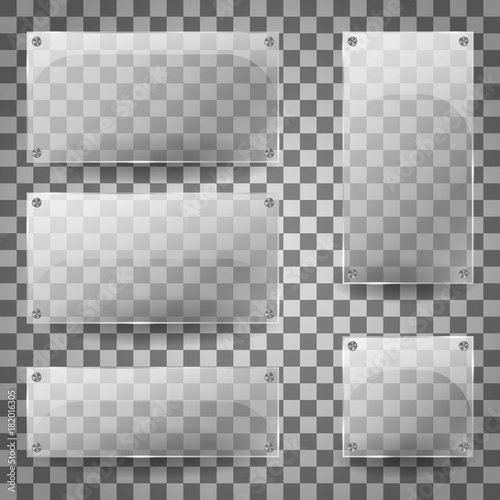 Transparent glass blank vertical and horizontal glossy empty banners on checkered background. Set of transparent glare glass plates. Vector Illustration