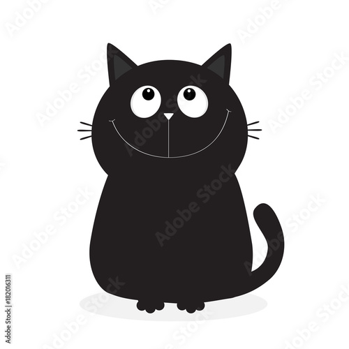 Black kitten cat looking up. Cute cartoon funny character. Kawaii animal. Face with eyes, moustaches, nose, ears, tail. Love Greeting card. Flat design. White background. Isolated.