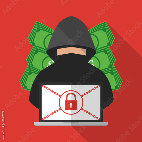 Thief hacker locked victim computer laptop for ransom with ransomware malware virus computer with banknote background. Vector illustration cybercrime technology data privacy and security concept.