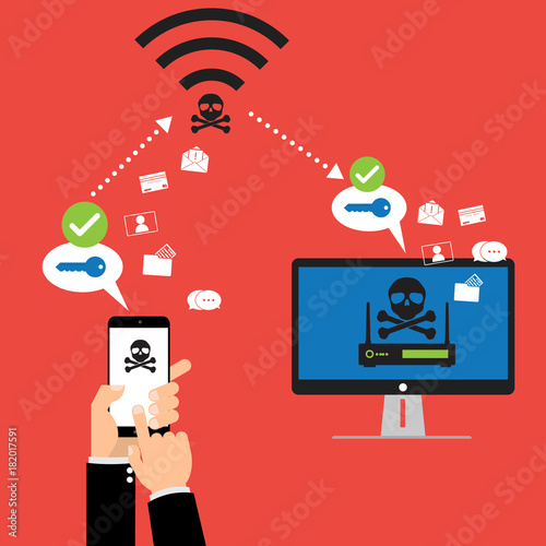 Hacker use KRACK method for steal important data from mobile device with wifi hack on WPA2 key security. Vector illustration KRACK in wifi cyber security infographic concept.