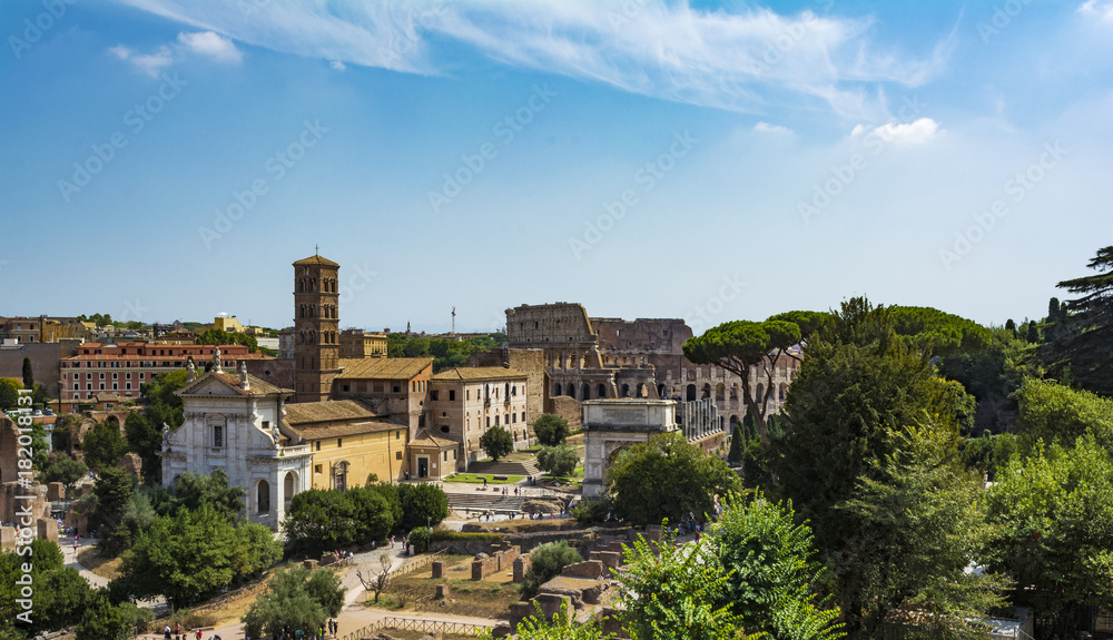 Panoramic view the Colosseum and Roman Forum from Palantine hill, Rome, Italy