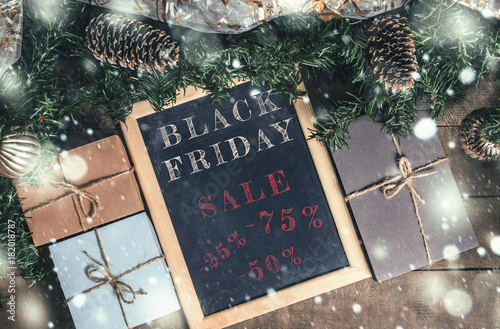 Christmas decor, black Friday, free space for text, top view