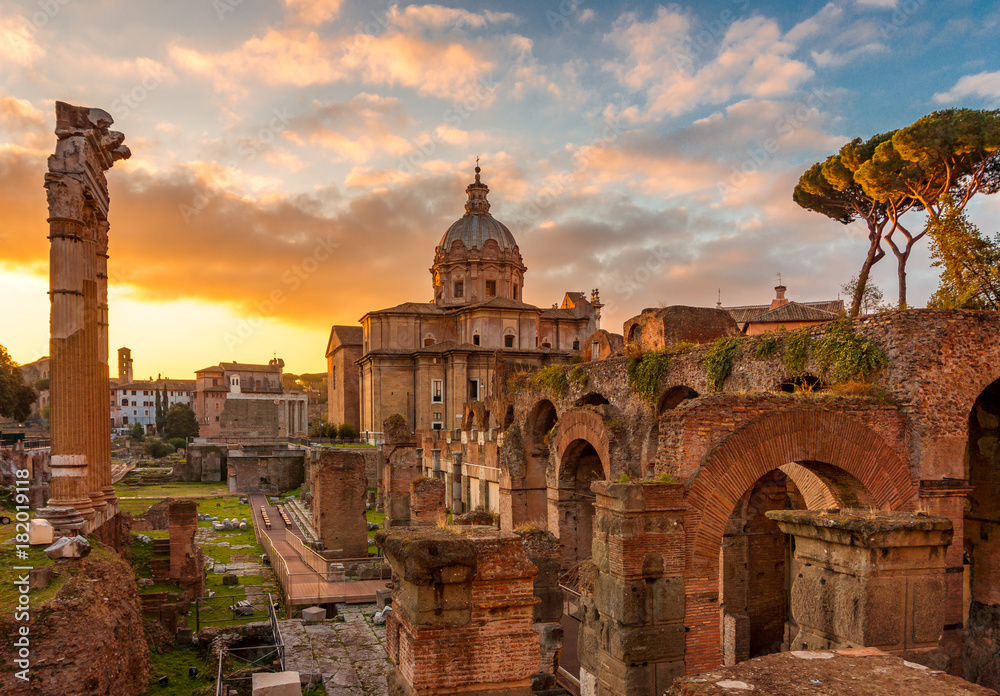 Rome and Roman Forum in Autumn (Fall) on a sunrise with beautiful stunning sky and sunrise colors