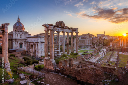 Rome and Roman Forum in Autumn (Fall) on a sunrise with beautiful stunning sky and sunrise colors