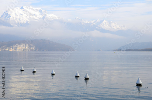 Annecy lake and snow, winter, france