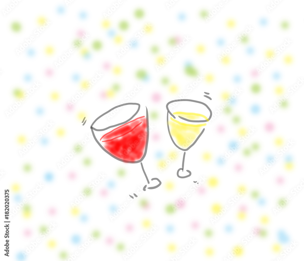 Stockillustratie ワインで乾杯 赤ワイン 白ワインの入ったグラス オシャレなゆるいイラスト ほわほわカラフル背景 Adobe Stock