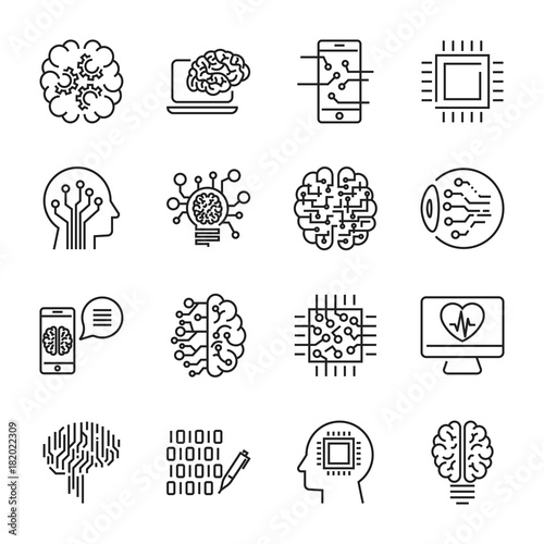 Simple set of artificial intelligence related line icons contains such icons as droid, eye, chip, brain. Editable Stroke.