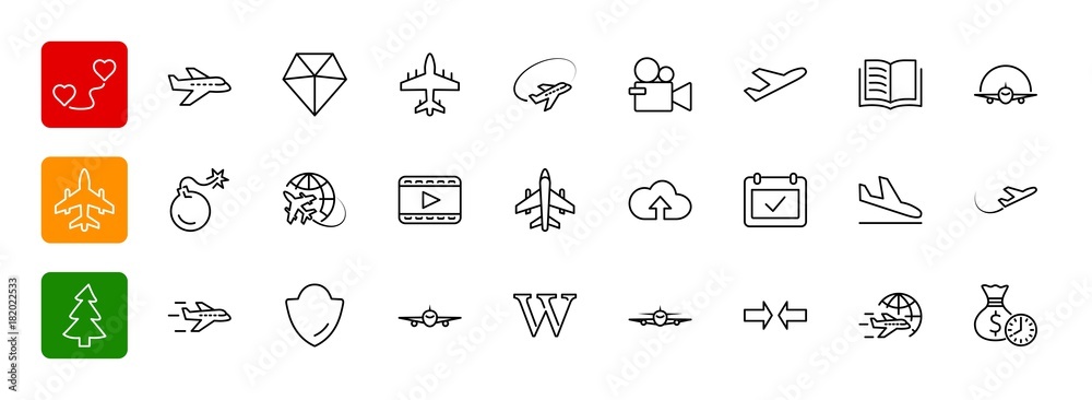 Set of plane vector line icon. It contains symbols to aircraft, 