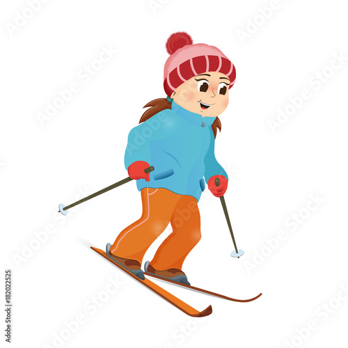 Happy funny girl in warm clothes skiing downhill, winter sport activity, retro style cartoon vector illustration isolated on white background. Happy girl skiing, winter vacation, outdoor activity