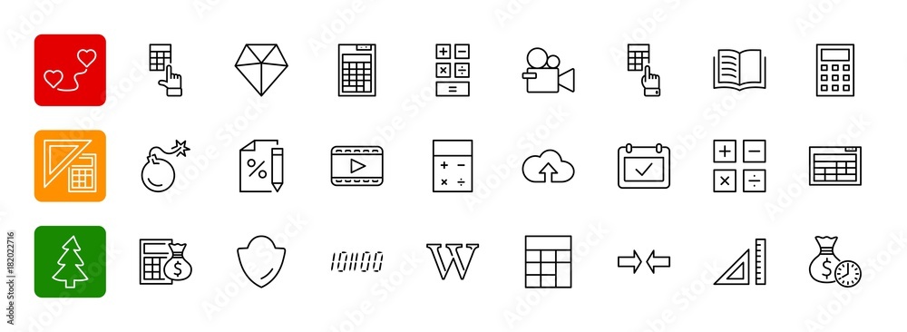 Set of Calculation Vector Line Icons. Contains such Icons as Cal Set of Calculation Vector Line Icons. Contains such Icons as Cal