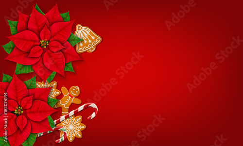 Horizontal Christmas banner with place for text. Poinsettias, gingerbread cookies and candy canes on the bright red background. Top view. Vector