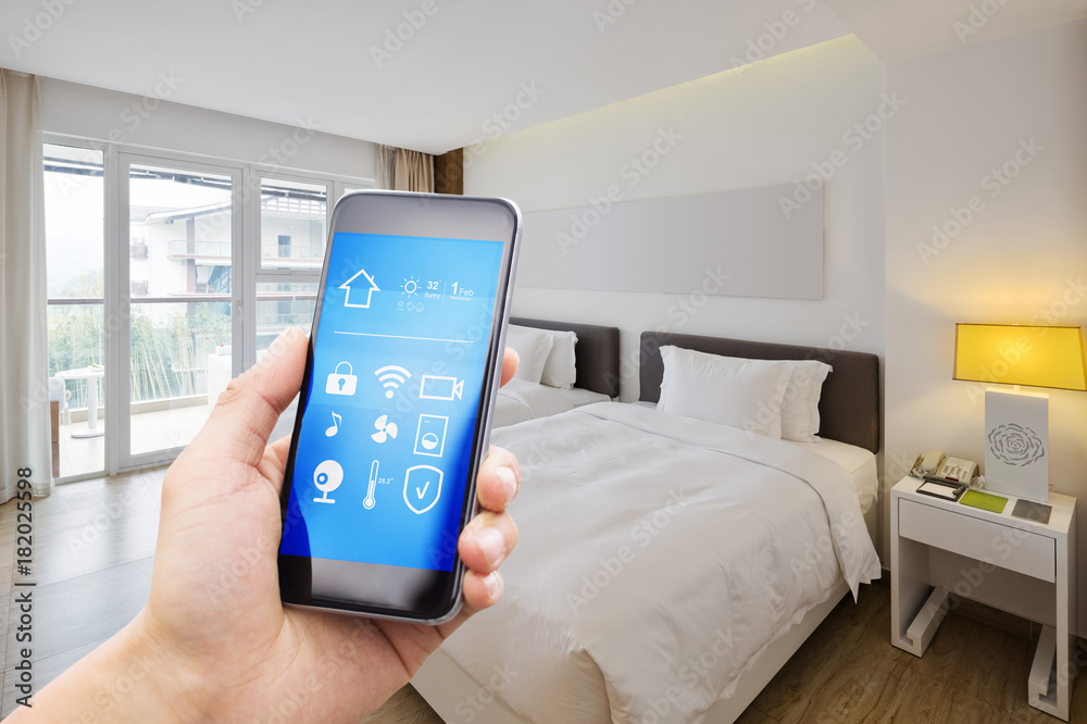 smart phone with smart home with modern bedroom smart phone with smart home with modern bedroom