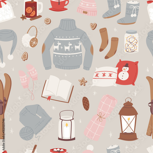 Vector winter clothes warm set of hat, scarf, sweater, gloves fashion clothing style sweater design clothing wintertime collection seamless pattern background