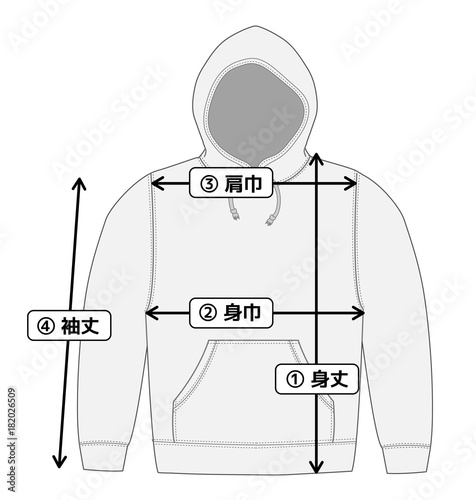 スウェットパーカー　寸法表・サイズ表用イメージイラスト