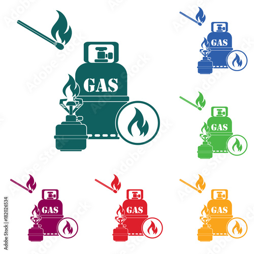 Camping stove with gas bottle icon vector