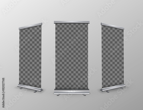 Three blank realistic roll-up banner with transparent place for advertise posters