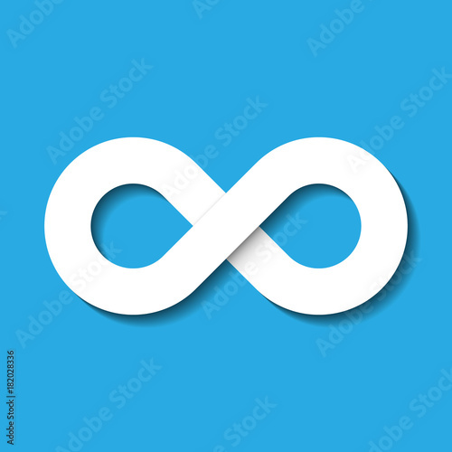 Infinity symbol icon. Representing the concept of infinite, limitless and endless things. Simple white vector design element on blue background.