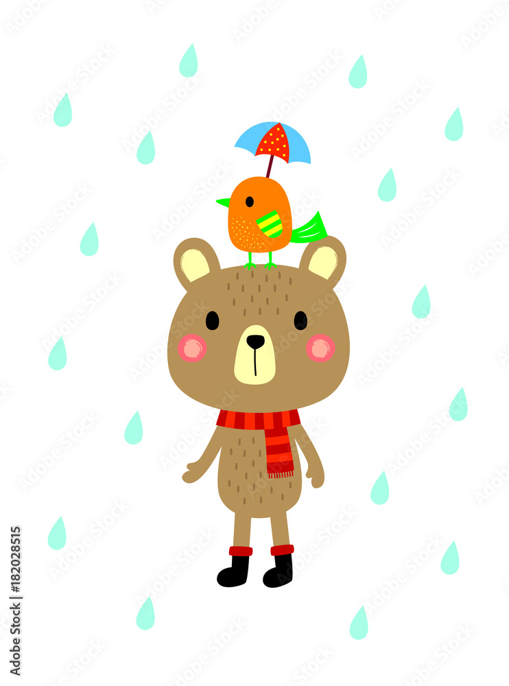 Naklejka premium cute teddy bear and bird in rain vector