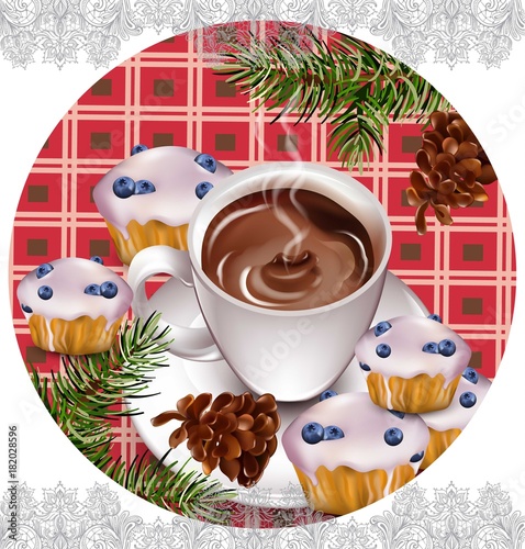 Hot chocolate and muffins on vintage background Vector. Pourring drink. Frenc...