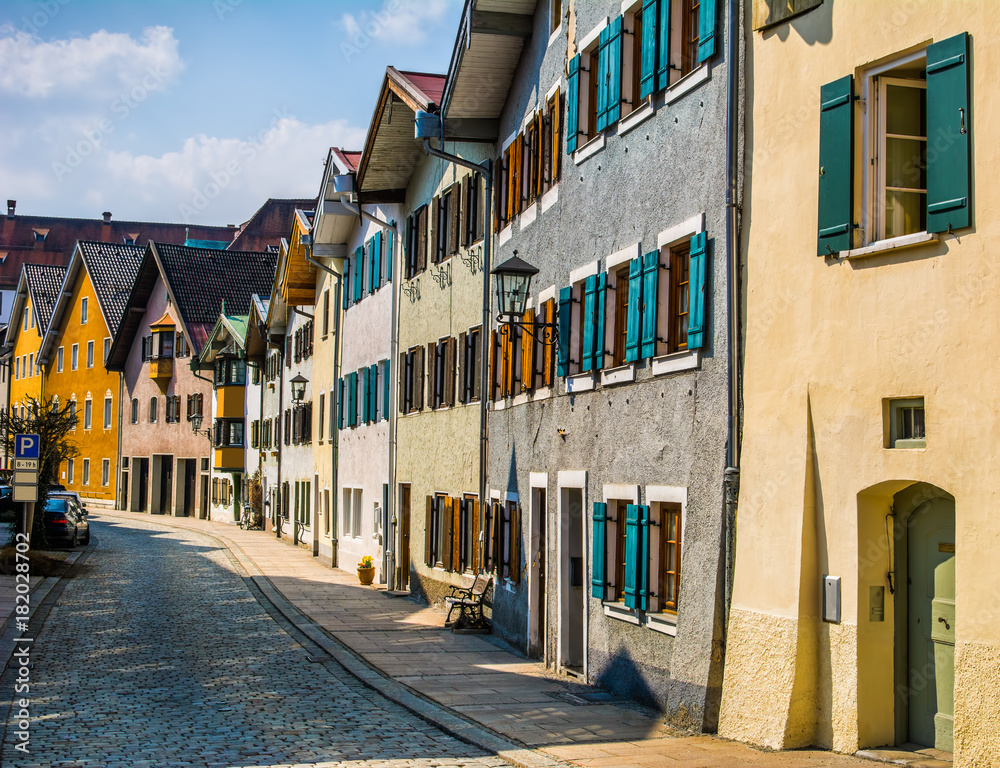 Beautiful street of old buildings, Fussen city, Germany