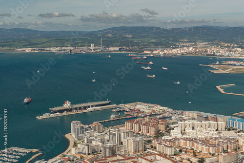Bay of Gibraltar from the Rock of Gibraltar. The town of Gibraltar is in the foreground and Algeciras, Spain is across the bay.