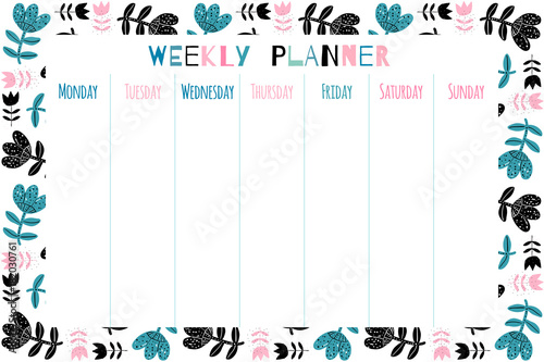 Elegant floral vector weekly planner template, stationery organizer for daily plans and schedules