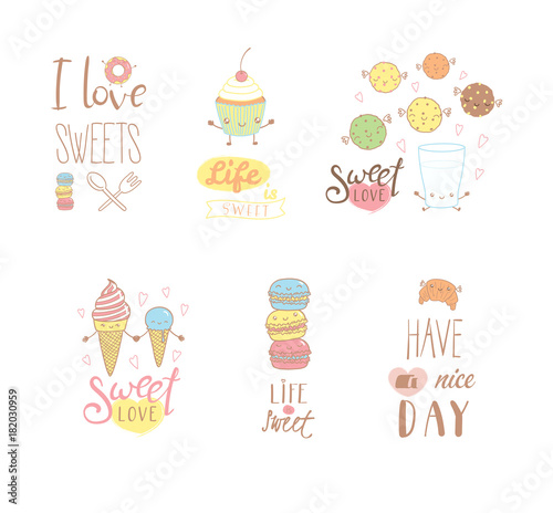 Set of different hand drawn sweet food doodles  with kawaii cartoon faces  typography elements. Isolated objects on white background. Design concept dessert  kids  greeting card  motivational poster.